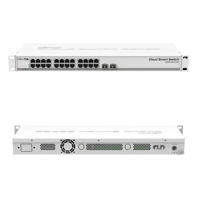 Δύο διακόπτες SwOS Datacom λιμένων SFP+ τροφοδότησαν το διακόπτη Gigabit Ethernet 24 λιμένων